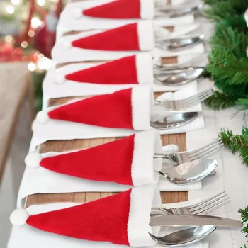 20 ADET Noel Sofra Tutucu Çanta Mini Noel Şapka Mutfak Yemek Takımı Şeker Kapak Çanta Parti Yemeği Şarap Ev Noel Süs
