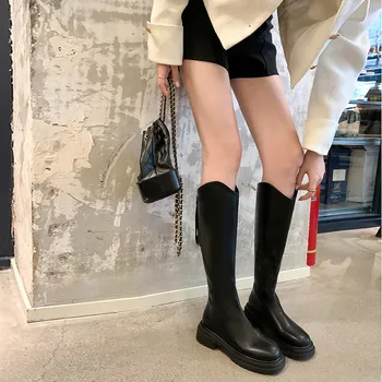Kadın Çizmeler Hakiki Deri Moda Blok topuk Diz Yüksek Kadın Sonbahar Kış Sıcak Fermuar Çizmeler Siyah Sıcak Rahat parti ayakkabıları