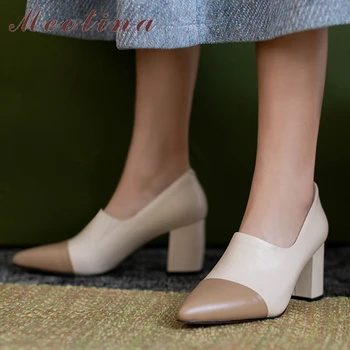 Meotina Kadın Hakiki Deri Sivri Burun Tıknaz Yüksek Topuk Pompaları Karışık Renkler Muhtasar Tasarım Bayanlar Rahat Sonbahar Ayakkabı Bej